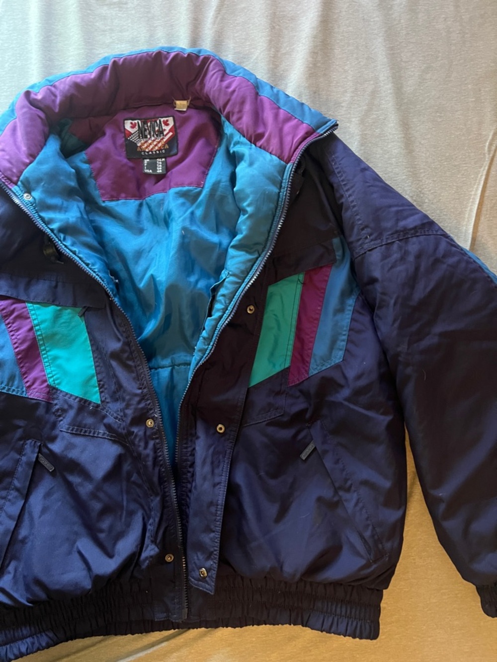 Men's Vintage Navy Ski Jacket with Teal & Purple Accents